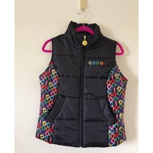 Coogi Puffer Vest Black Multi Color Logo Zip Front Sleeveless Women Size Med